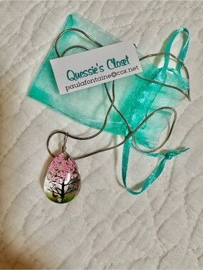 Pink Cherry Blossom Teardrop Pendant Necklace